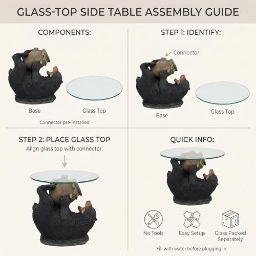 Rustic Black Bear Outdoor Water Fountain with Glass Tabletop