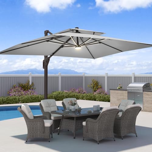 9x12 FT Patio Cantilever Outdoor Umbrella with Base and LED Lights