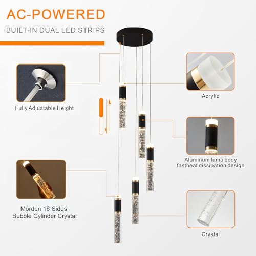 5 Light Modern LED Pendant Light for Kitchen Island Lighting Dimmable Dining Room Chandelier Light Fixture Bubble Crystal Ceiling Hanging Lights 3000K