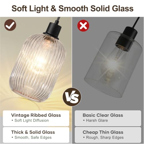 2 Pack Pendant Lights with Vintage Clear Ribbed Glass Lampshade (2 Count)