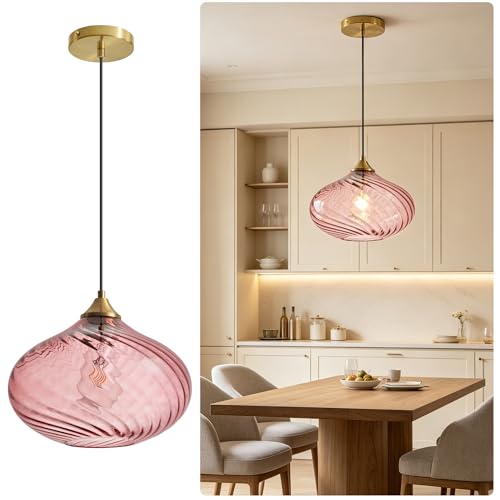 11in Gold Pendant Lights Kitchen Island with Purple Pink Glass Shade 1Pack