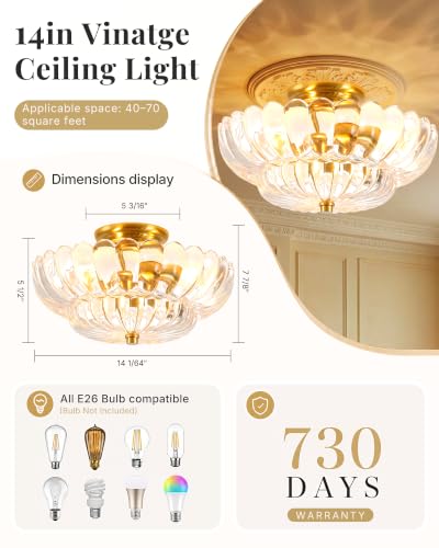 Semi Flush Mount Ceiling Light Fixture 14" Vinatge Gold Ceiling Lights Mid Century Modern Clear Glass Close to Ceiling Lighting Fixtures for Bedroom Hallway Kitchen Laundry Room Bathroom