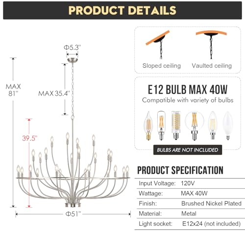 24 Light Brushed Nickel Chandelier 51'' Large Candle Chandeliers for High Ceiling Foyer Modern Classic Chandelier Light Fixture for Large Living Room Dining Room Stairs Entry Restaurant Hotel