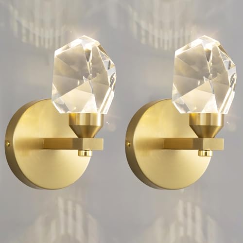 Set of 2 Gold Wall Sconces Modern Crystal Vanity Lighting for Bathroom Bedroom Living Room Entryway Wall Light Hallway Dining Room Lights Wall Mount Lighting Fixture Warm Light (2 Count)
