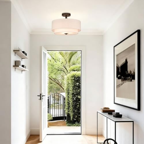 16" Linen Drum Semi Flush Ceiling Light for Dining