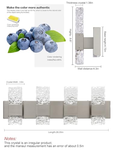 Modern Bathroom Light fixtures Brushed Nickel Dimmable Vanity Lights for Bathroom Crystal LED Bathroom Lighting fixtures Over Mirror 4 Light 6000K