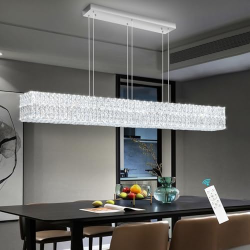 Rectangular Crystal Chandelier Dimmable LED Linear Chandeliers for Dining Room Remote Ceiling Pendants Light Fixture for Kitchen Island Silver
