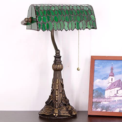 Tiffany Banker Lamp Small Stained Glass Table Lamp Green Wisteria Leaf