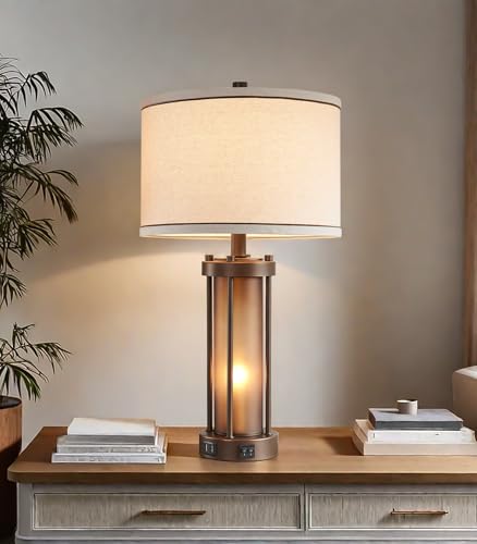 Farmhouse Table Lamps for Living Room with USB C+A Ports
