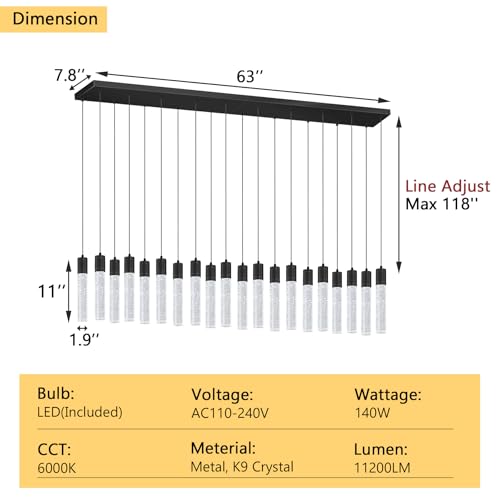 20 Lights Modern Crystal Rectangular Chandeliers LED Pendant Light for Kitchen Island High Ceiling Chandelier for Dining Room Entrance Foyer Living Room Black