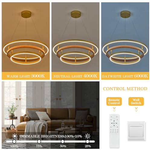 3 Ring LED Chandelier Modern Chandeliers Red Walnut Wood Gold Dimmable 24''
