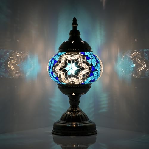 Turkish Moroccan Table Lamp Lantern with Handmade Mosaic Glass Lampshade Tiffany Style Bohemian Stained Glass Decorative Desk Lamps Bedside Night Lights for Bedroom
