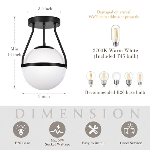 8 Inch Mid Century Ceiling Light Modern Semi Flush Mount Ceiling Light Fixture Globe Ceiling Light Fixture with Milk Glass Shade Matte Black Finish for Kitchen Island Hallway Laundry