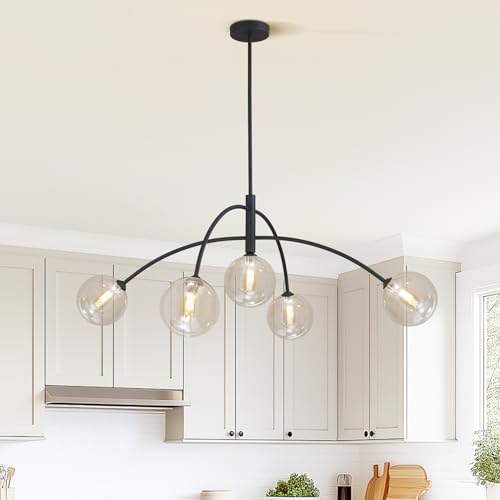 5 Light Modern Brass Chandelier Fixture Globe Glass Shade Pendant Light Black Kitchen Large Chandelier for Dining Room Kitchen Bedroom