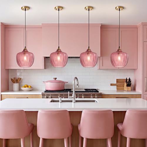 Pink Glass Pendant Lights Kitchen Island Gold Hanging Ceiling Light 9.45"
