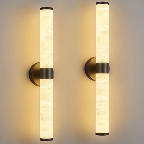 Natural Alabaster Wall Sconces Set of Two Modern Black LED Wall Lights 24" Spanish Marble Cylinder Sconces for Living Room Bedroom Bathroom Hallway Staircase (2 Count)