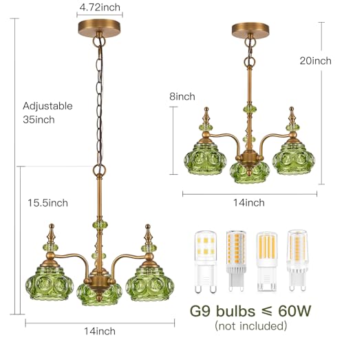 3 Light Green Pendant Lighting Fixtures Vintage Brass Pendant Light for Bedroom Kitchen Island Dining Room Living Room