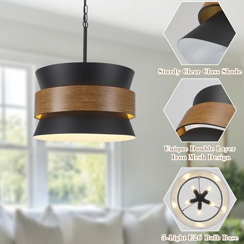 5 Light Black Chandelier 19.68" Drum Farmhouse Chandelier for Dining Room