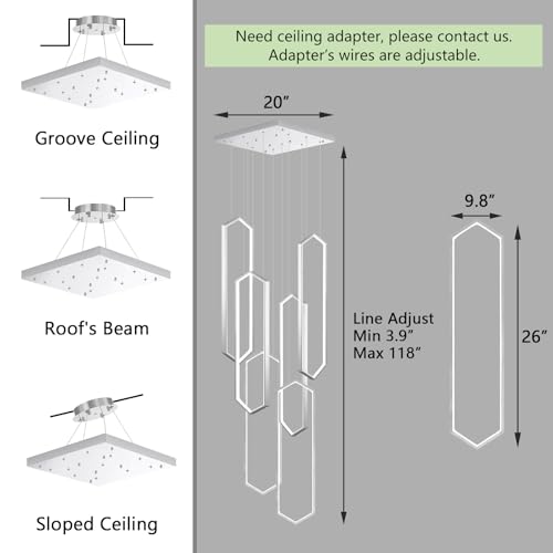 6 Rings Modern Chandelier LED Dimmable Long Large High Ceiling Chandelier Adjust Flush Mount Ceiling Light for Foyer Lobby Living Room Staircaes Sliver (6 Count)