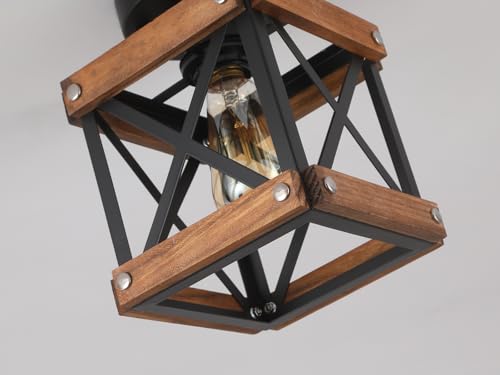 2 Pack Rustic Farmhouse Wood Flush Mount Ceiling Light Fixture Oak Wood and Metal Square Cage Small Semi Flush Mount Ceiling Light for Kitchen Hallway Entry Country Farmhouse (2 Count)