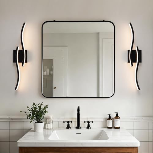 Black Curved Bathroom Vanity Light Fixture Over Mirror