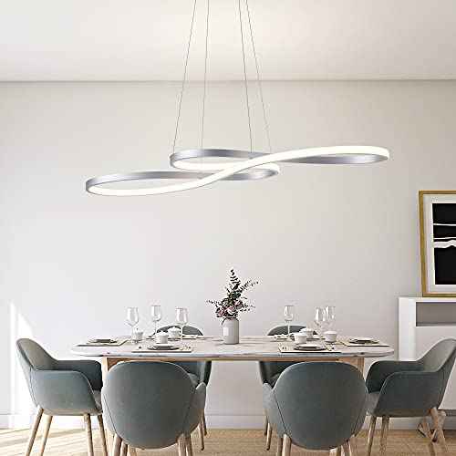 Modern LED Chandelier Dining Room Pendant Light Dimmable Creative Chandelier Remote Control Color/Brightness 3000-6000K Adjustable Hanging Lamp for Bedroom Living Room Kitchen 50W (Silver)