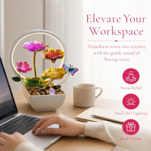 Tabletop Fountain Metal Lotus Indoor Fountain Water Feature for Zen Home Office Fengshui Decor Warm Light