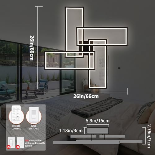 Modern LED Ceiling Lights for Bedroom 26" Dimmable Square Ceiling Lights for Living Room with Remote Control Black Bedroom Light Fixture for Kitchen