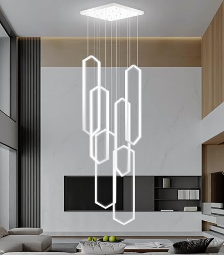 Modern Chandelier LED Dimmable Light for Staircase Living Room Entrance High Ceiling Chandeliers with Remote Control for Villa Foyer White
