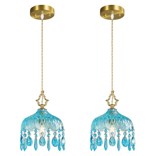 Brass Vintage Pendant Light Blue Crystal Hanging Light Fixtures (2 Count)