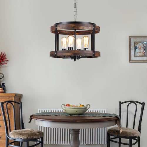 4 Light Large Rustic Farmhouse Wood Pendant Light Fixture with Adjustable Chain