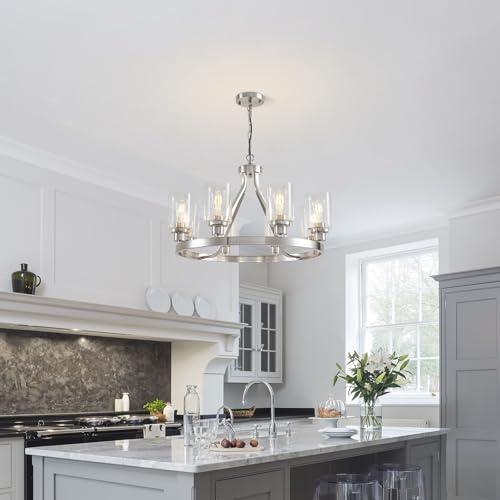8 Light Modern Chandeliers for Dining Room Light Fixture Brushed Nickel Kitchen Chandelier Ceiling Hanging Pendant Lighting with Glass Shade for Living Room Entryway Adjustable Height E26