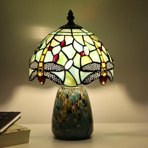 Tiffany Mushroom Table Lamp Dragonfly Style Blue Stained Glass Accent Lamp Brown Blue Glass Base 8X8X12 Inch