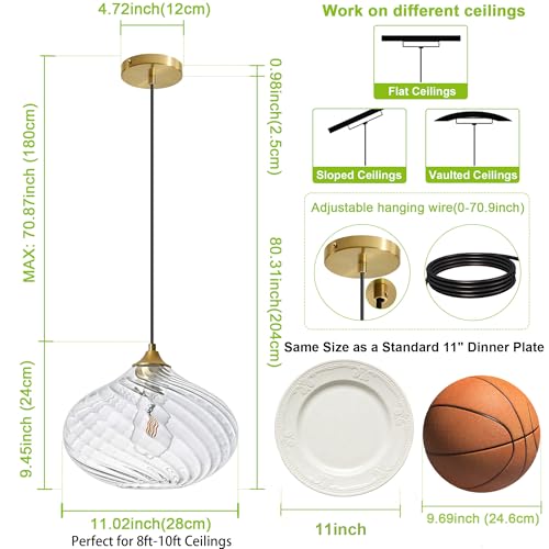11in Gold Pendant Lights Kitchen Island with Clear Glass Shade 2Pack