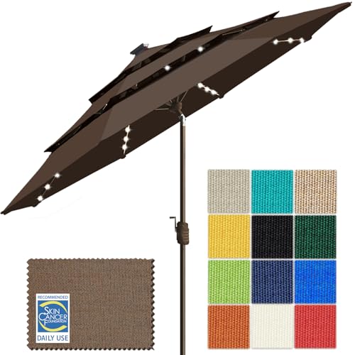 USA 10-Year-Non-Fading 9ft 3-Tier Market Patio Umbrella, Commercial Table Umbrella with 80 Solar LED Lights, Crank Open, Windproof & UPF 50+ UV Protection for Garden, Deck, Pool, Backyard, Chestnut
