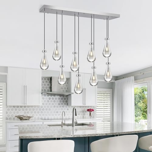 Modern Raindrop Pendant Lights Kitchen Island Teardrop Chrome Hanging Light Fixture Clear Solid Glass Chandeliers Crystal Pendant Light for Porch Living Room Dining Room