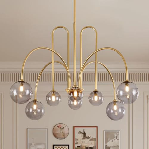 Gold Sputnik Chandelier with Smoke Glass Globe 8 Lights L41 Inch