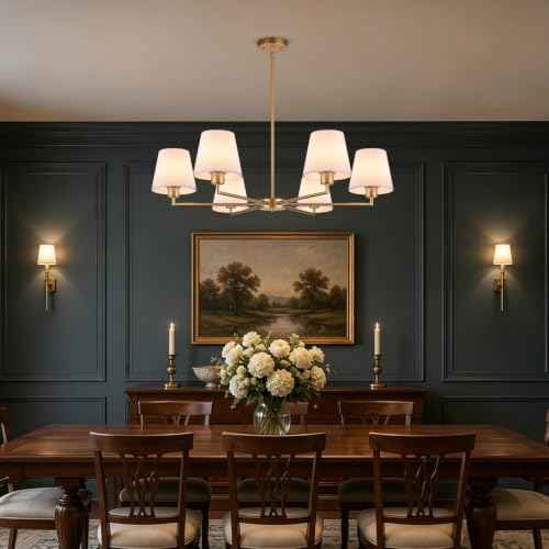 Brass Gold Chandeliers for Dining Room, 36" 6 Light No Assembly Required Antique Modern Gold Chandelier Light Fixture with White Fabric Shade, Classic Kitchen Pendant Lights over Table for Bedroom