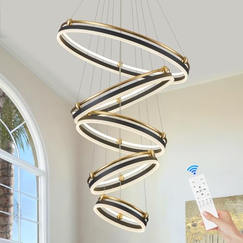 5 Rings Modern LED Chandelier Black Gold Dimmable Large High Ceiling Chandeliers Foyer