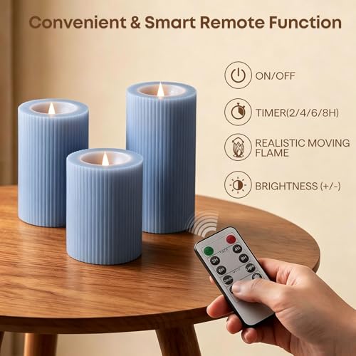 Dusty Blue Ribbed Moving Flame LED Pillar Candles with Remote (Dusty Blue)
