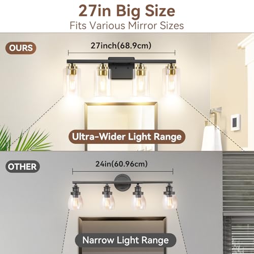 4 Light Black & Gold Bathroom Light Fixtures Over Mirror 27 Inches