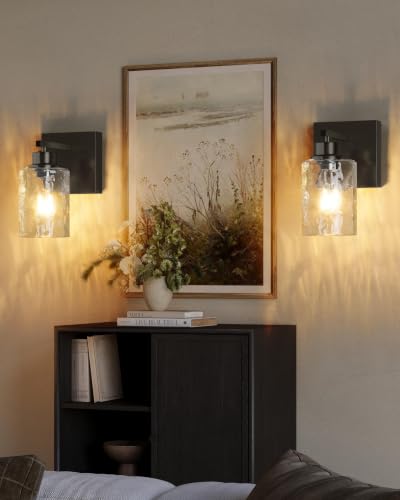 Hammered Glass Wireless Battery Operated Wall Sconces Set of Two Black (2 Count)
