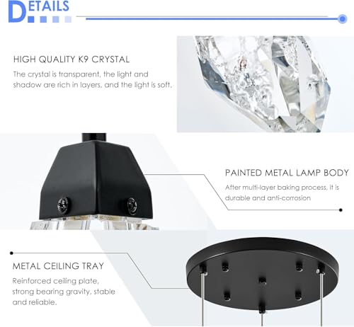 5 Light Black Crystal Chandelier Teardrop Dimmable Pendant Light