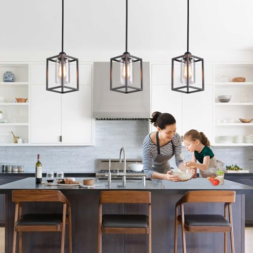 3 Pack Stem Rod Black Pendant Lights for Kitchen Island Industrial Lantern Pendant Light Fixtures with Clear Glass Shade (3 Count)
