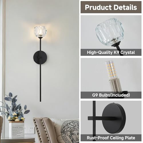 Black Crystal Wall Sconces Brass Mid Century Modern Vanity Bathroom Sconce