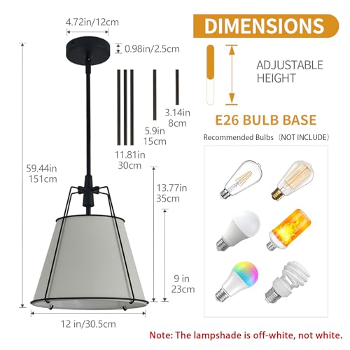 Modern Pendant Light Fixtures with 12" White Linen Fabric Shade