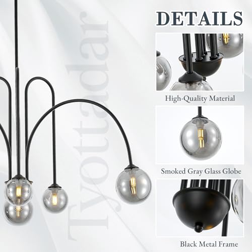 6 Light Modern Sputnik Chandelier L41’’ Black Mid Century Pendant Chandelier with Smoked Glass Shades Contemporary Large Pendant Light Fixture for Foyer Bedroom Staircase Living Room Kitchen