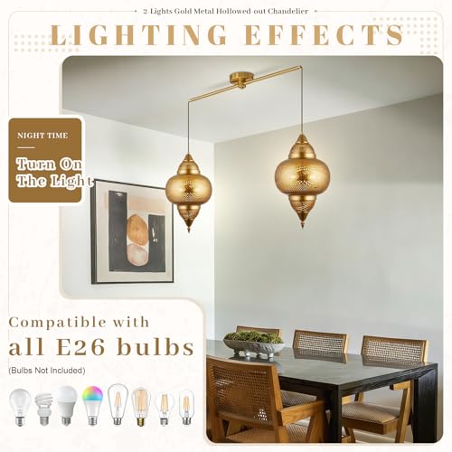 Modern 2 Light Pendant Light Fixture Kitchen Island Brass Hanging Lights with Gold Metal Shade and Adjustable Cord Pendant Lighting