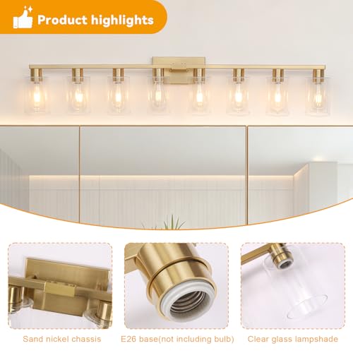 8 Light Bathroom Vanity Light Gold Bathroom Light Fixtures Brass Vanity Lights for Bathrrom 46 in Large Wall Sconce Brush Gold with Clear Glass Shade for Over Mirror