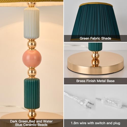 Green Fabric Shade Table Lamp Modern Metal Desk Lamp with Plug Cord Switch for Bedroom Bedside